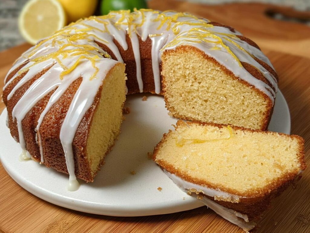 A slice of moist lemon cake with white glaze and lemon zest, part of a whole bundt cake.