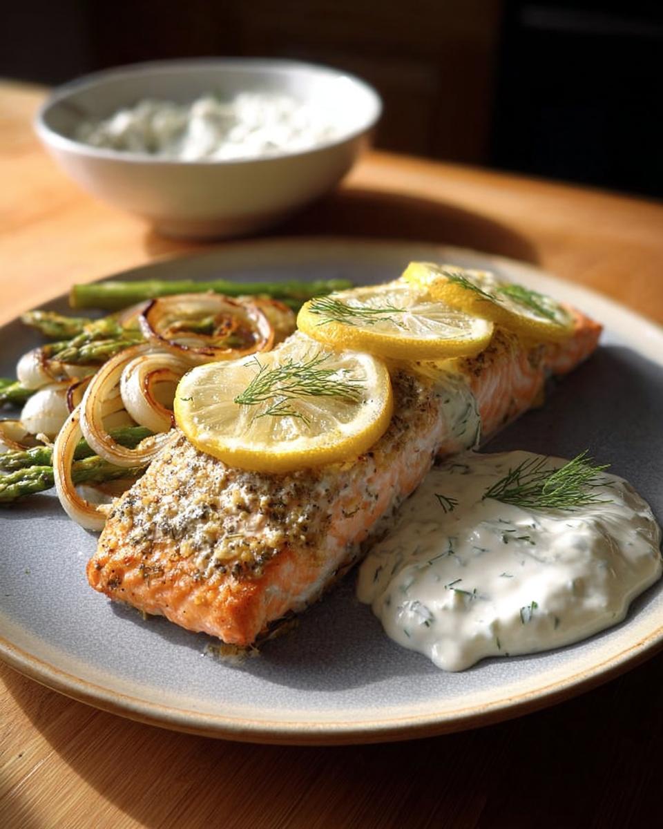 A delicious baked salmon fillet topped with lemon slices and dill, served with roasted asparagus and a creamy dill sauce. One of 20 Genius Salmon Recipes.