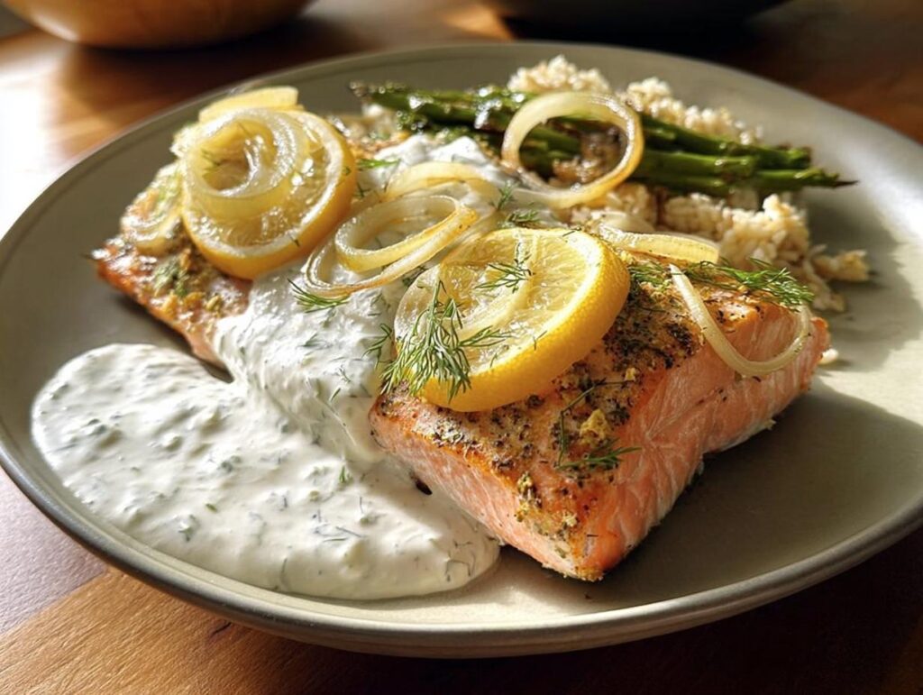 A perfectly cooked salmon fillet topped with lemon slices, onions, and dill, served with rice and asparagus.