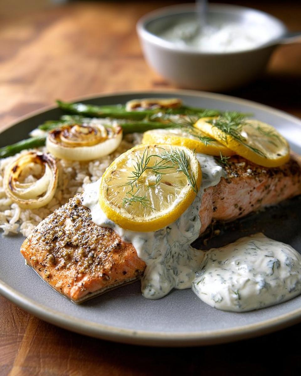 A delicious plate of salmon with lemon slices and dill, served over rice with green beans and a creamy sauce.