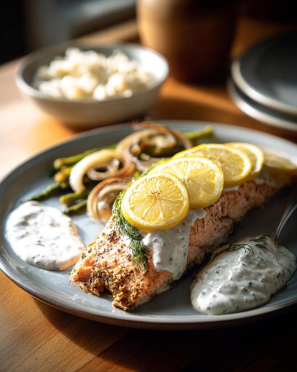 A perfectly cooked salmon fillet topped with lemon slices and dill, served with creamy sauce and roasted vegetables.