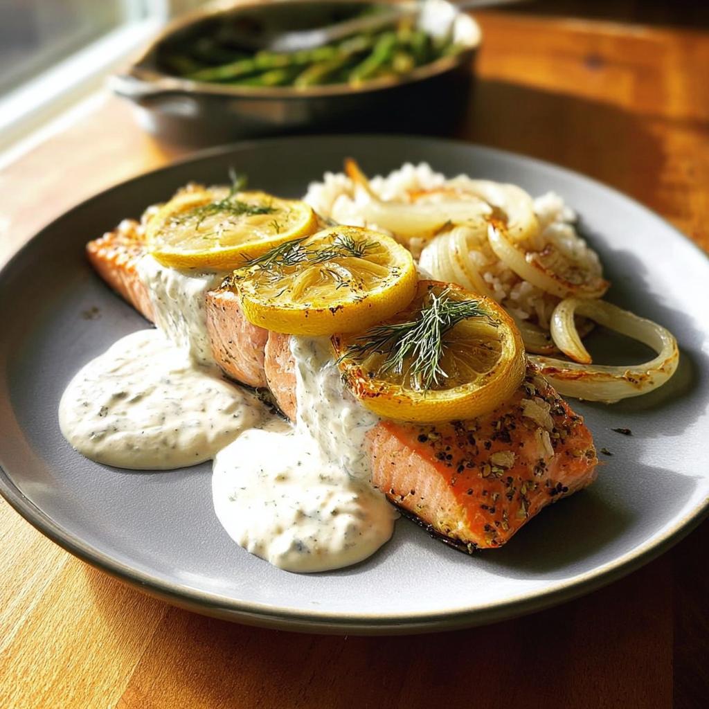 A delicious salmon fillet topped with lemon slices and dill, served with rice and sauce. One of 20 Genius Salmon Recipes for Busy Weeknights.