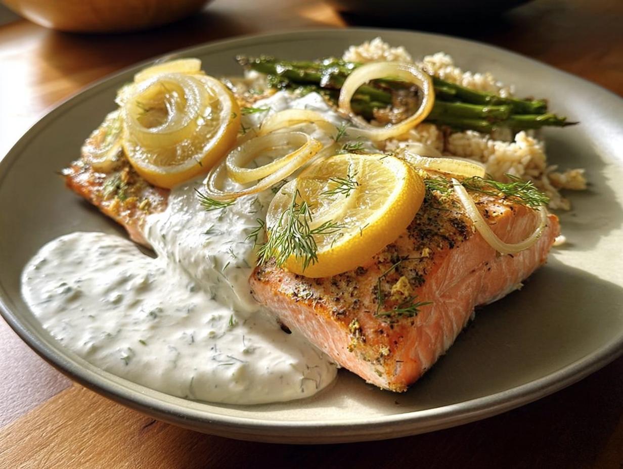 A perfectly cooked salmon fillet topped with lemon slices, onions, and dill, served with rice and asparagus.