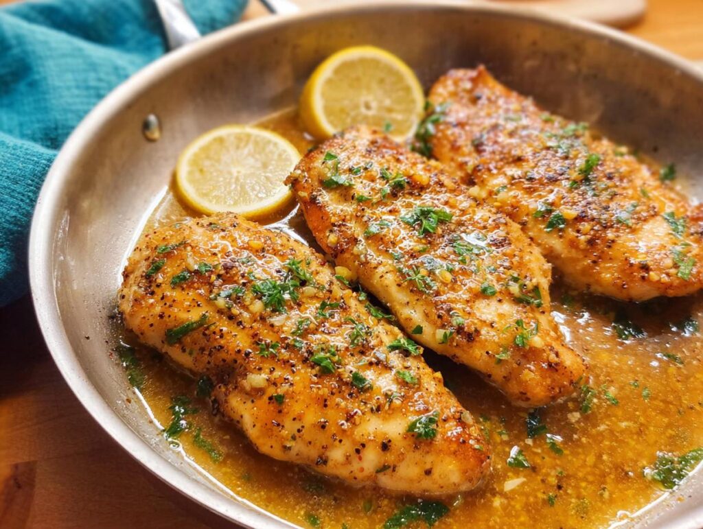 Three pan-seared chicken breasts in a lemon garlic sauce with parsley and lemon slices, perfect for 7 Genius Healthy Meals Recipes Ideas for Busy Weeknights.