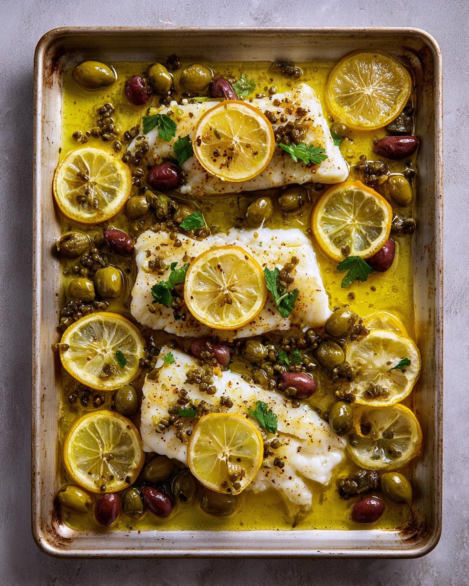 Baked white fish fillets topped with lemon slices, olives, and capers, part of 7 Genius Veggie Sides Recipes Ideas.