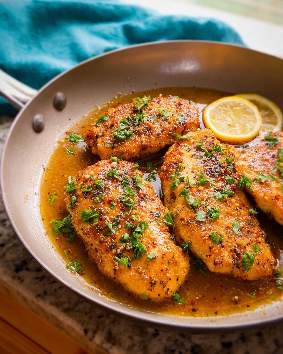 Pan-seared lemon herb chicken breasts in a savory sauce, garnished with fresh parsley and lemon slices.