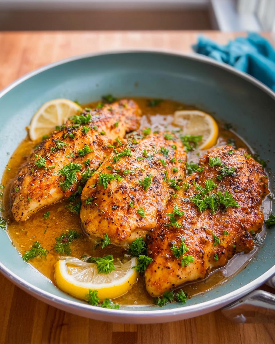Three pan-seared chicken breasts with lemon slices and parsley, part of 7 Genius Healthy Meals Recipes Ideas for Busy Weeknights.