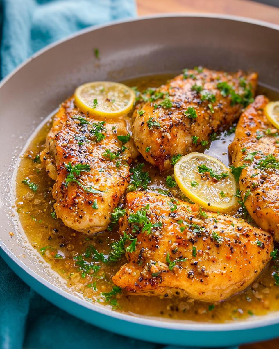 Four pan-seared chicken breasts with lemon slices and fresh parsley in a savory sauce, part of 7 Genius Healthy Meals Recipes Ideas for Busy Weeknights.