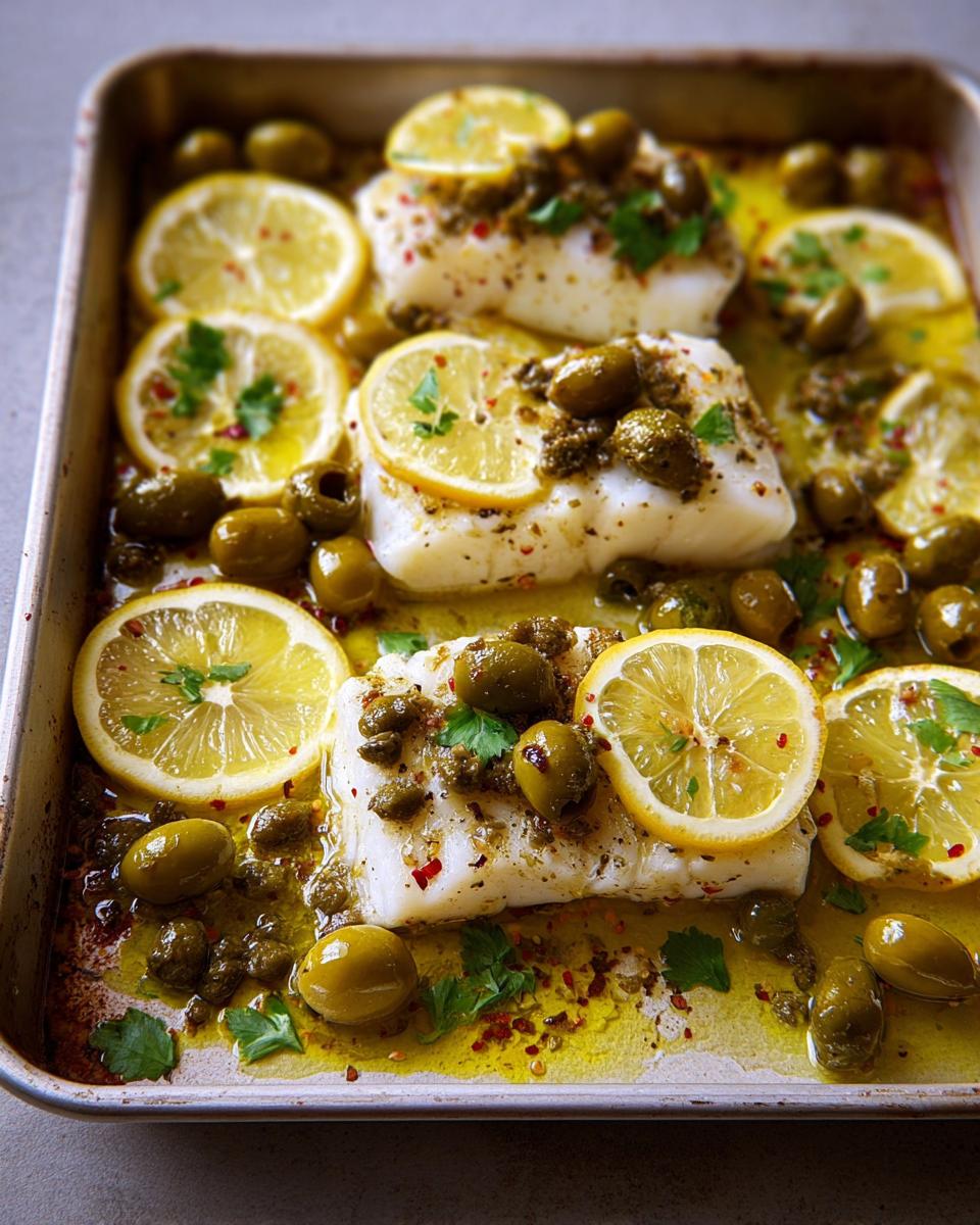 Three pieces of baked cod with lemon slices, olives, capers, and herbs in a baking dish.