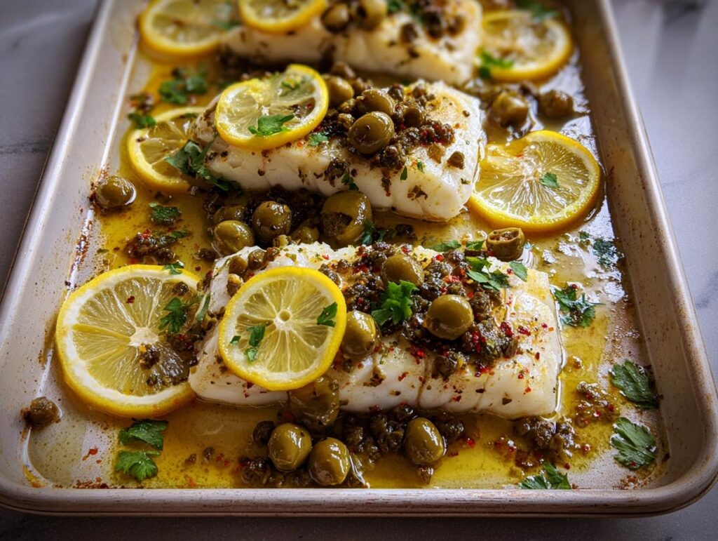 Lemon olive baked cod, a quick and delicious veggie side dish, garnished with parsley.