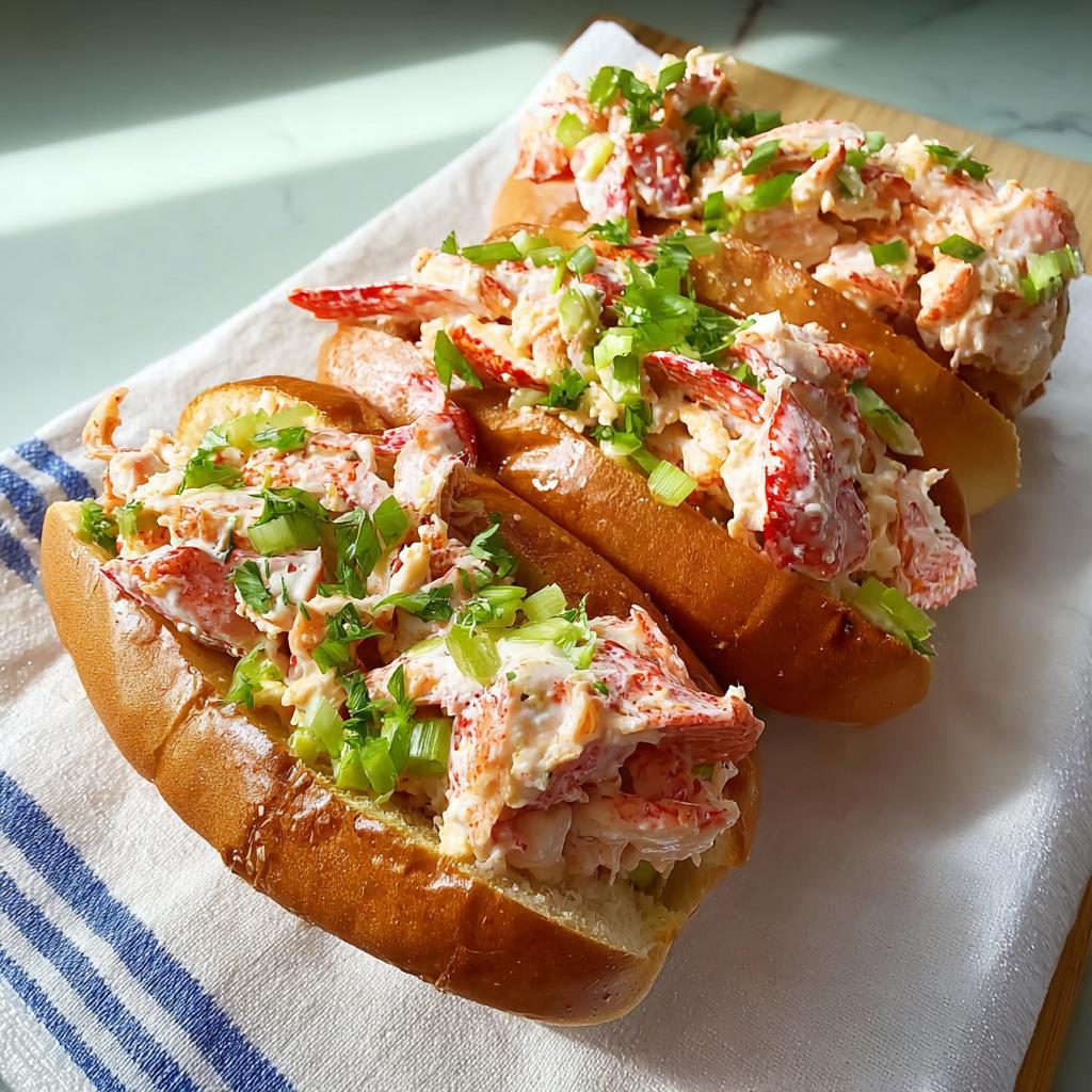 Three freshly made lobster roll sandwiches, generously filled with lobster salad and garnished with green onions.