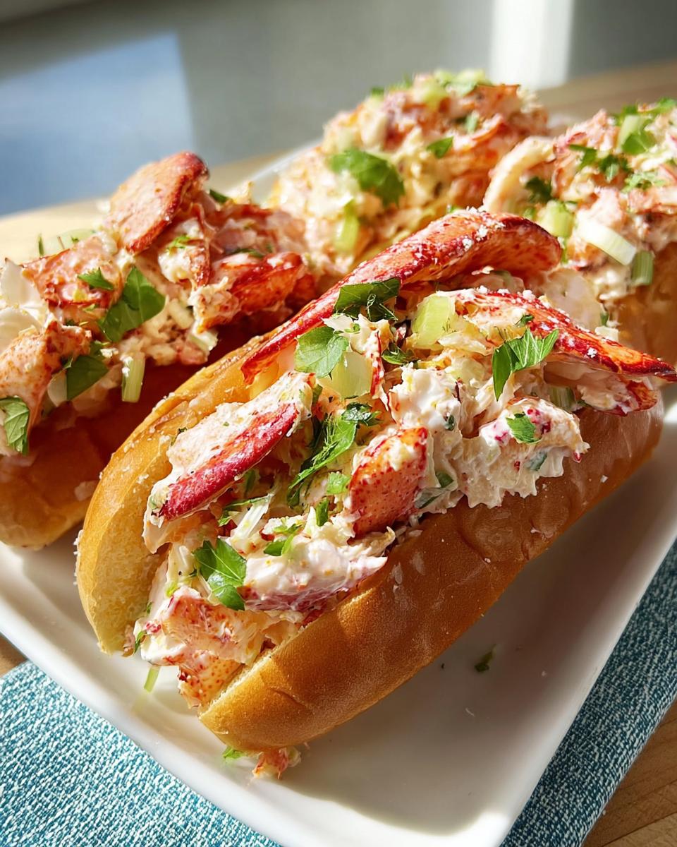 Close-up of three gourmet lobster rolls, generously filled with lobster meat, celery, and herbs, part of sandwich ideas recipes.
