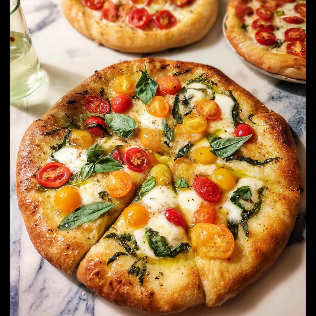 A close-up of a Margherita pizza with fresh basil, cherry tomatoes, and mozzarella cheese, perfect for pizza night recipes.