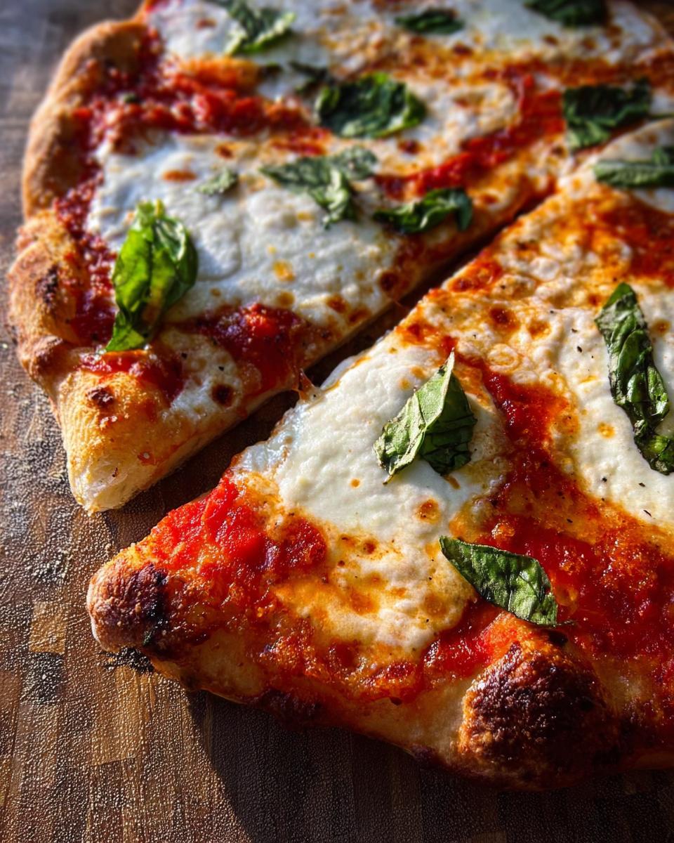 Close-up of a freshly baked Margherita pizza with melted mozzarella, tomato sauce, and basil leaves.