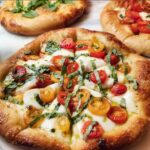 A close-up of a fresh Margherita pizza with cherry tomatoes, mozzarella, and basil, perfect for pizza night.