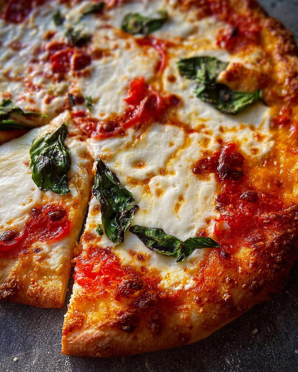 Close-up of a freshly baked Margherita pizza with melted mozzarella, tomato sauce, and basil leaves, perfect for Pizza Night.
