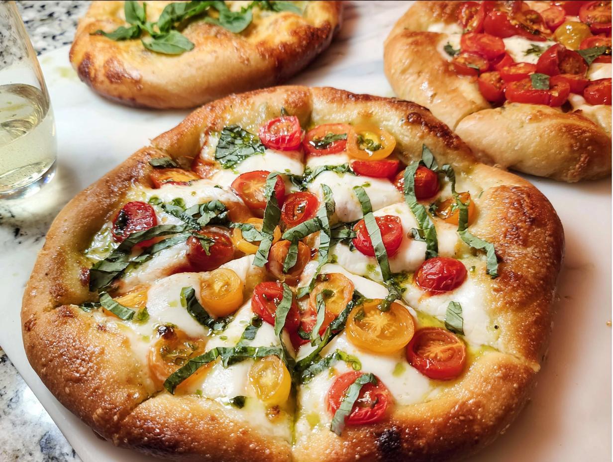 A close-up of a fresh Margherita pizza with cherry tomatoes, mozzarella, and basil, perfect for pizza night.