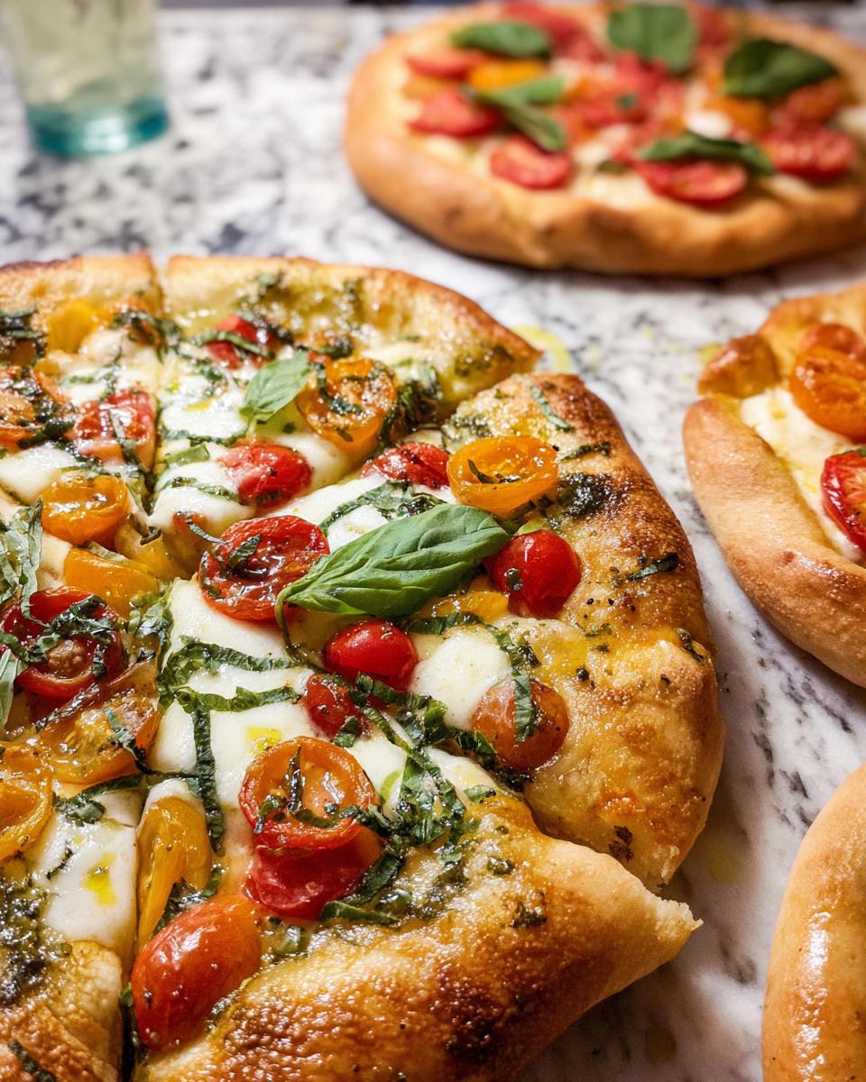 Close-up of a freshly baked Margherita pizza with cherry tomatoes, mozzarella, and basil, perfect for pizza night recipes.