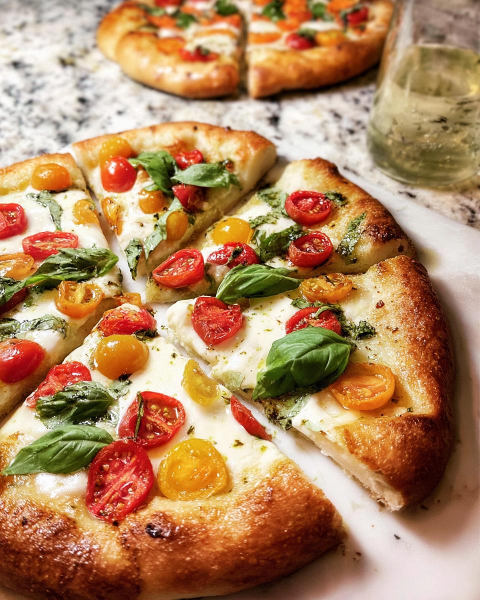 Close-up of fresh Margherita pizza slices with cherry tomatoes, mozzarella, and basil, perfect for pizza night.