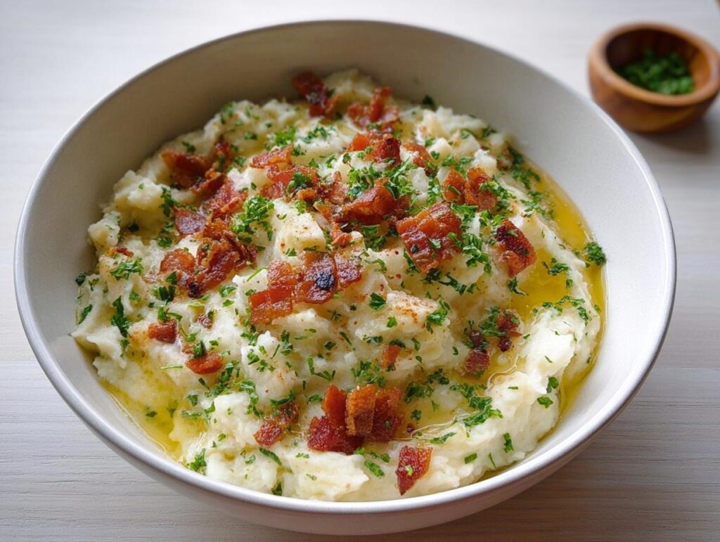 A bowl of creamy mashed potatoes topped with crispy bacon bits and fresh parsley.