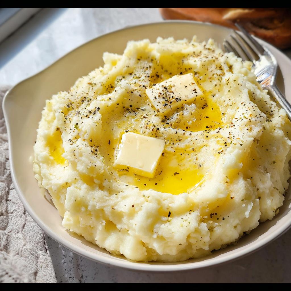 A bowl of fluffy mashed potatoes topped with melting butter and seasoned with herbs and pepper.
