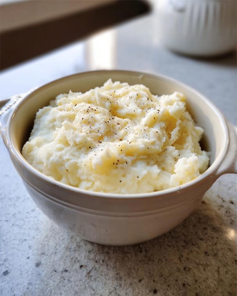 A bowl of fluffy mashed potatoes seasoned with black pepper, perfect for meal prep.