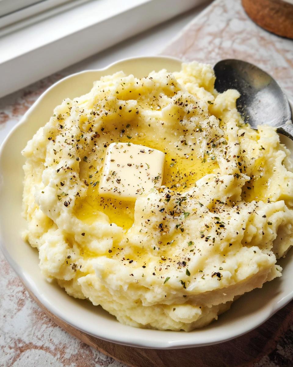 A close-up of a bowl of creamy mashed potatoes topped with melted butter, black pepper, and herbs.