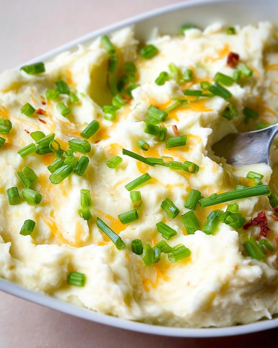 Close-up of creamy mashed potatoes recipe topped with shredded cheese, chopped chives, and bacon bits.