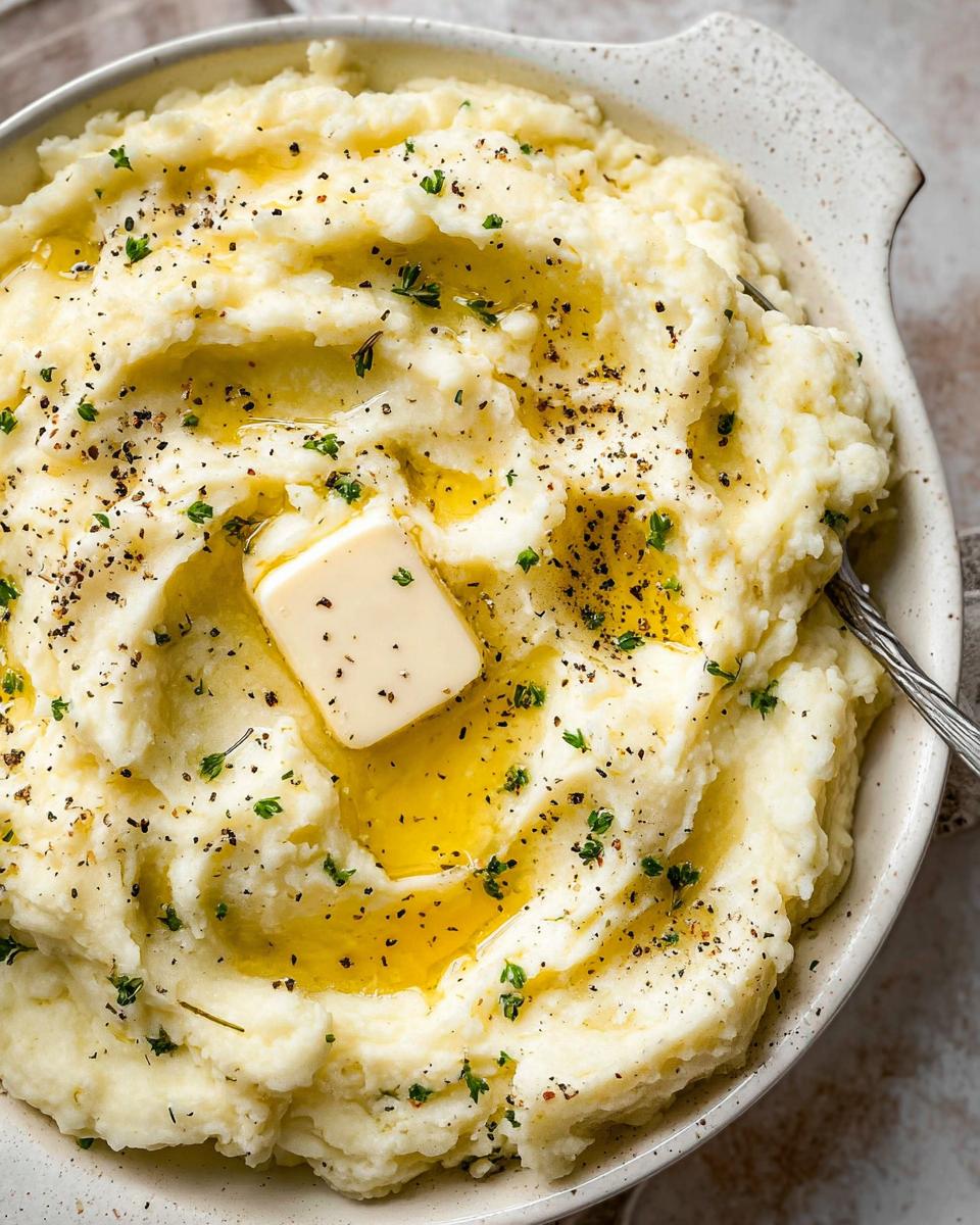 Close-up of creamy mashed potatoes recipe topped with melting butter, fresh herbs, and cracked black pepper.