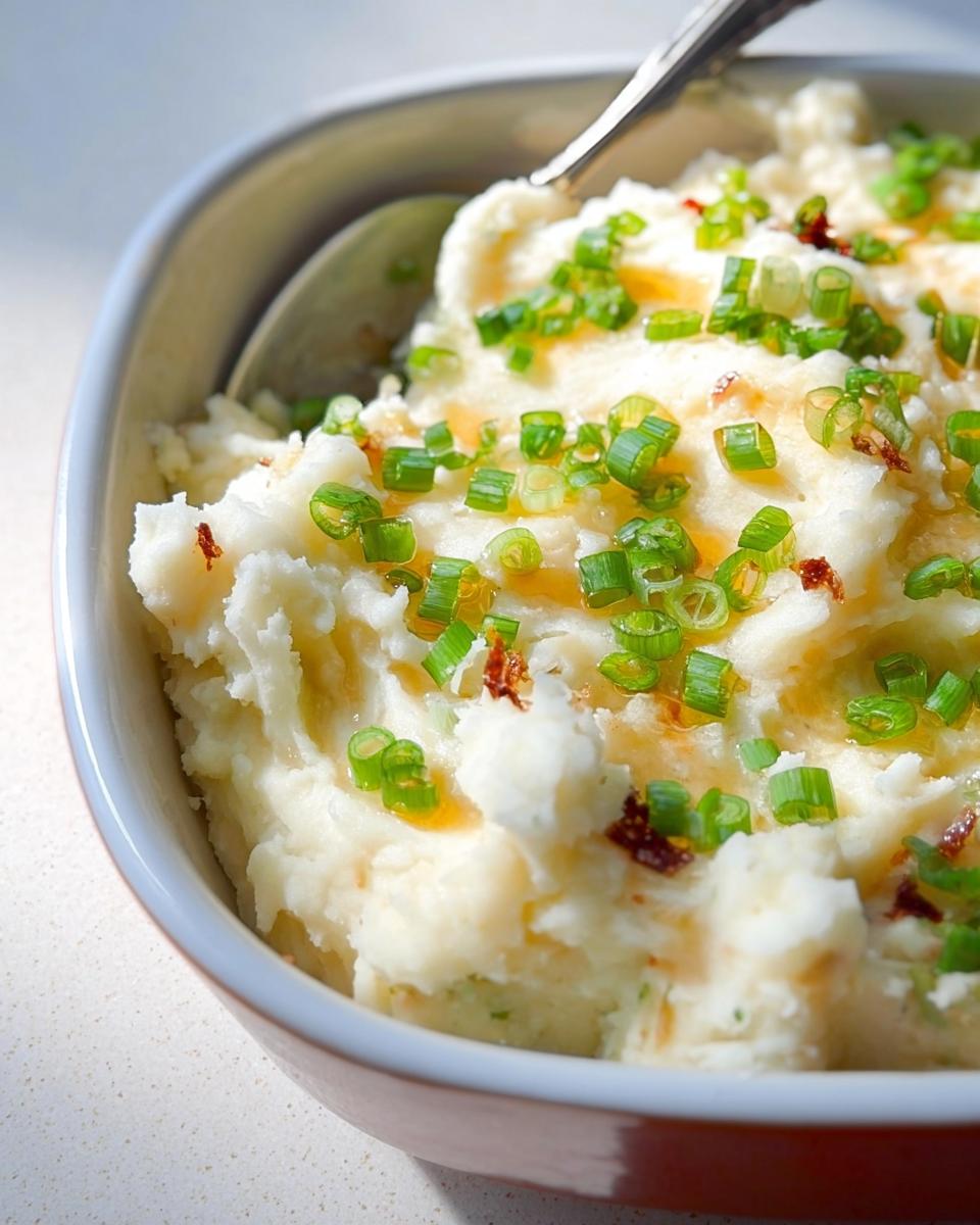 Close-up of creamy mashed potatoes recipe topped with chopped green onions and crispy bacon bits.