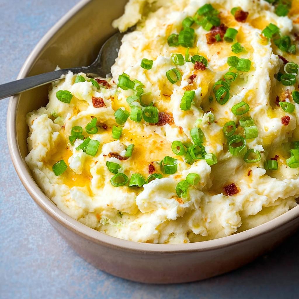 Close-up of creamy mashed potatoes recipe topped with chopped green onions and crispy bacon bits.