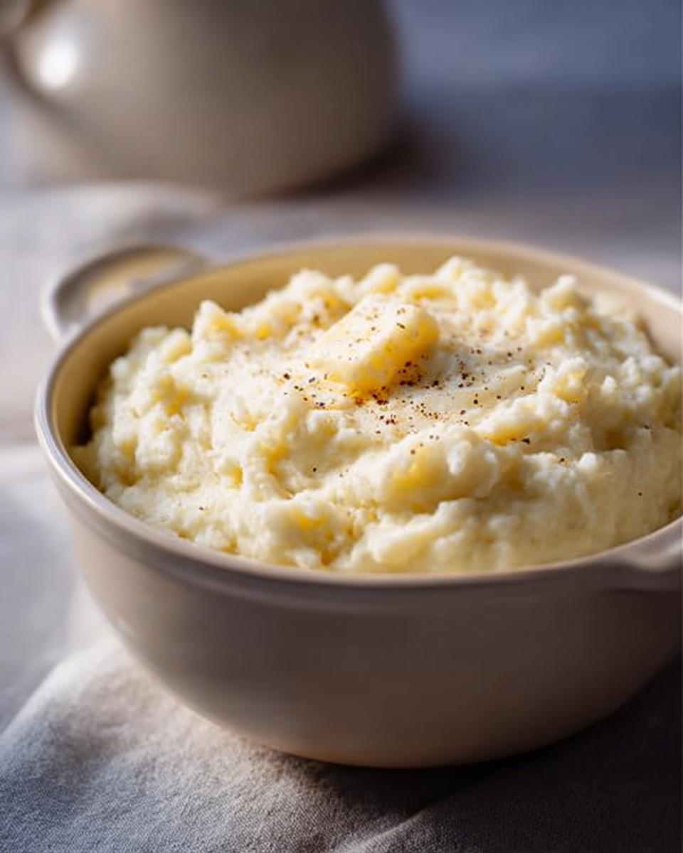 A bowl of fluffy mashed potatoes topped with butter and black pepper, perfect for mashed potatoes recipes meal prep.