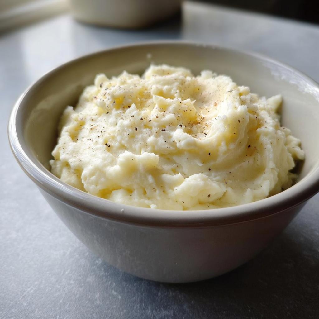 A bowl of creamy mashed potatoes, seasoned with black pepper, perfect for meal prep.