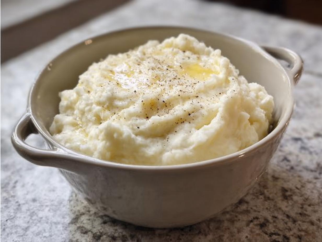 A bowl of fluffy mashed potatoes, topped with melted butter and cracked black pepper, perfect for meal prep.