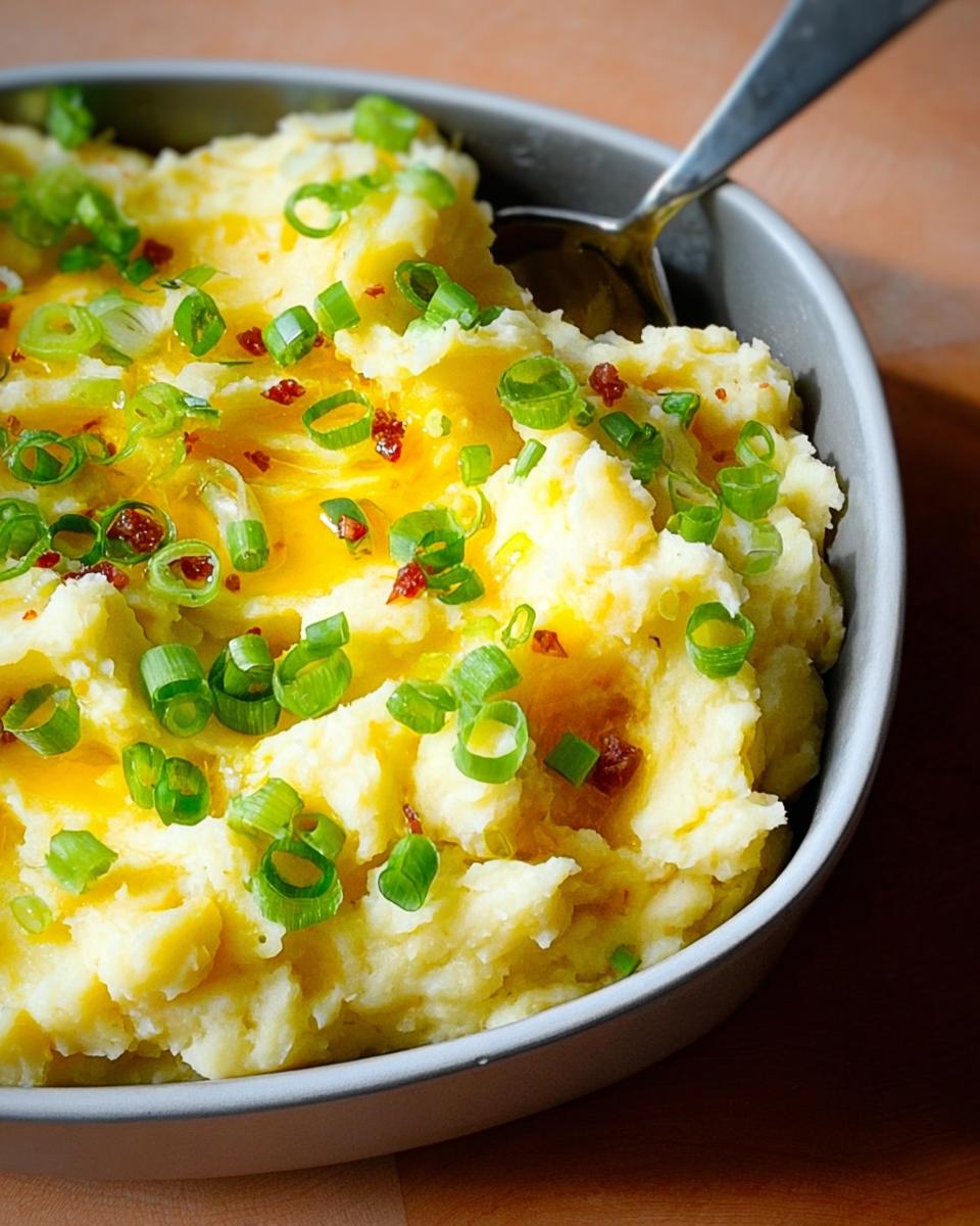 A close-up of a bowl of creamy mashed potatoes topped with melted butter, chopped scallions, and chili flakes.