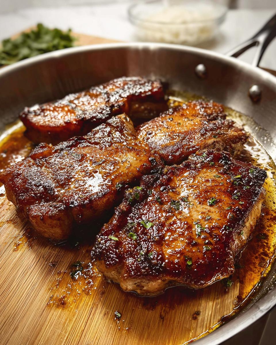 Four juicy pork chops cooked in a skillet with a rich glaze, ready for meal prep.