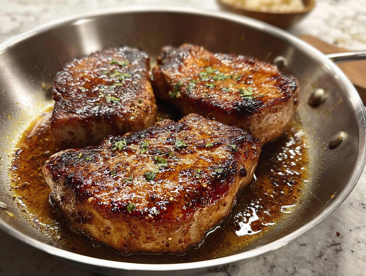 Three pan-seared pork chops in a skillet with a rich, glossy sauce and sprinkled herbs.