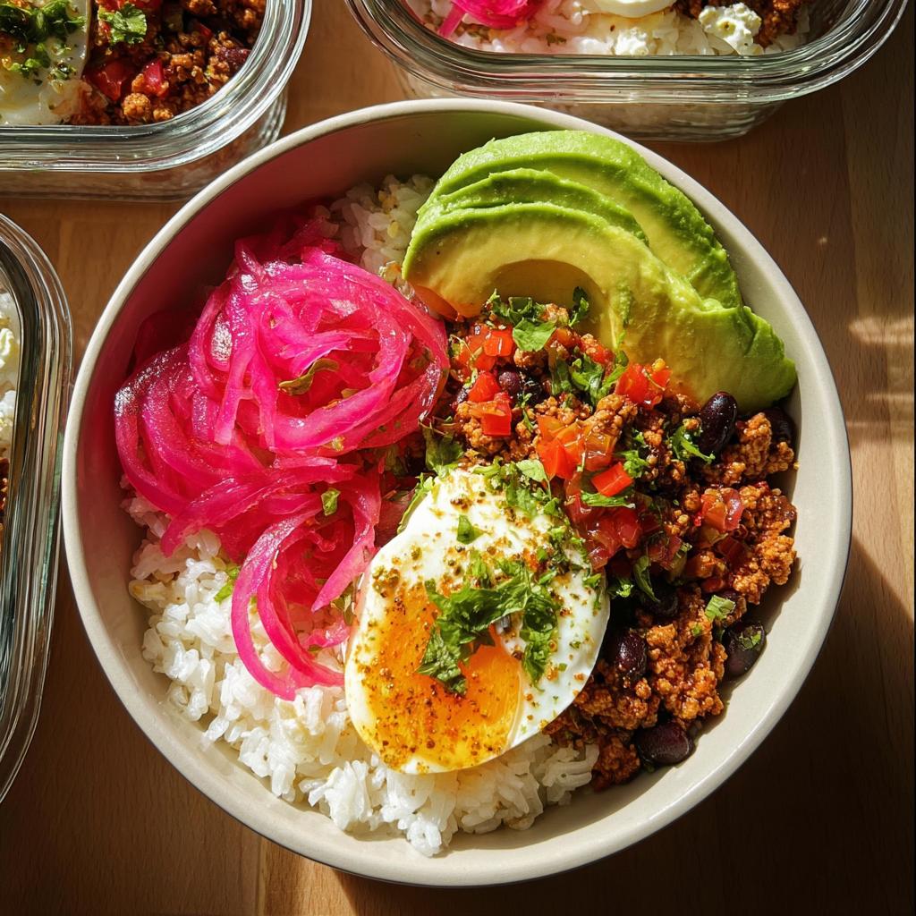 A vibrant meal prep rice bowl featuring white rice, seasoned ground meat, black beans, pickled red onions, sliced avocado, and a perfectly cooked egg.