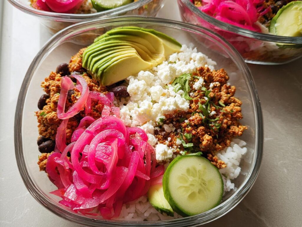 Close-up of a meal prep rice bowl featuring white rice, seasoned ground meat, black beans, crumbled feta, avocado slices, pickled red onions, and cucumber.
