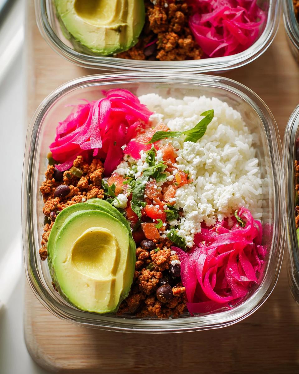 A close-up of a meal prep rice bowl featuring seasoned ground meat, black beans, white rice, crumbled feta, pickled red onions, and avocado slices.