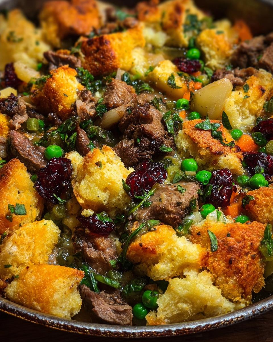 Close-up of a delicious meat and cranberry stuffing recipe, featuring chunks of bread, peas, carrots, and dried cranberries.
