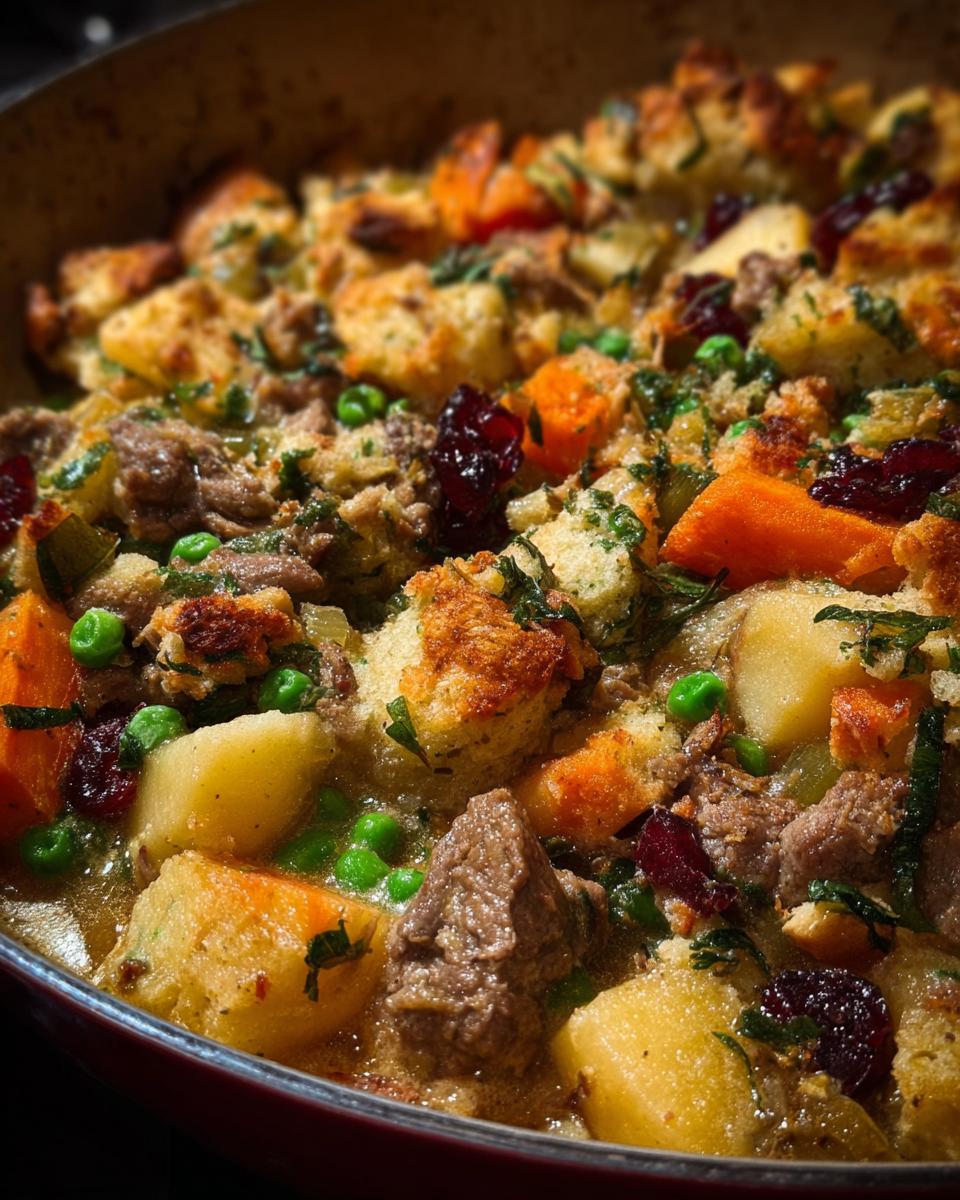 Close-up of a hearty meat and vegetable stuffing recipe with chunks of beef, potatoes, carrots, peas, and cranberries.
