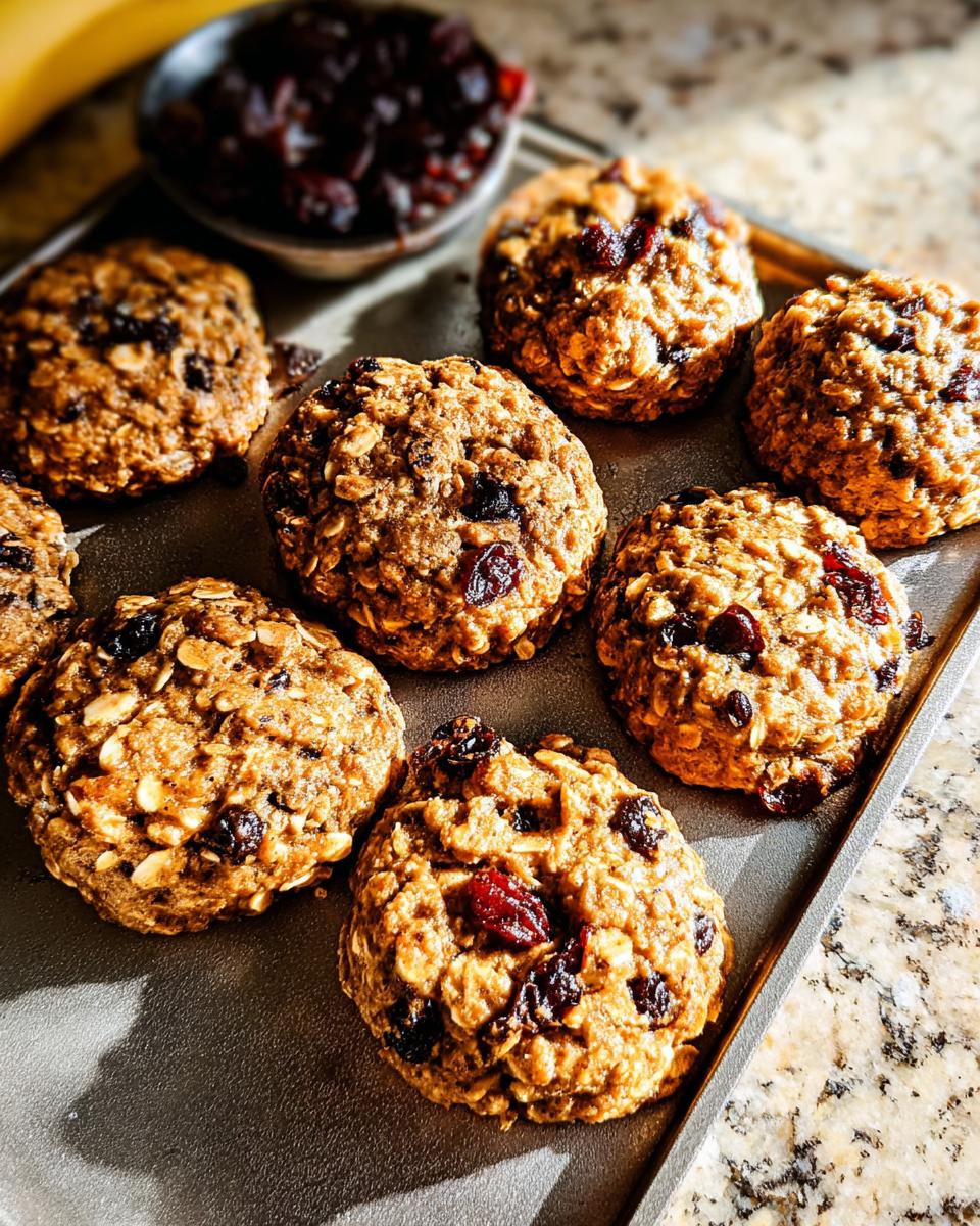 Close-up of freshly baked oatmeal cookies with cranberries, perfect for fast breakfast ideas recipes.