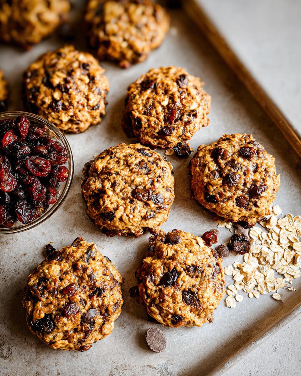 Close-up of freshly baked oatmeal cranberry cookies, part of fast breakfast ideas recipes, with a bowl of cranberries and oats.