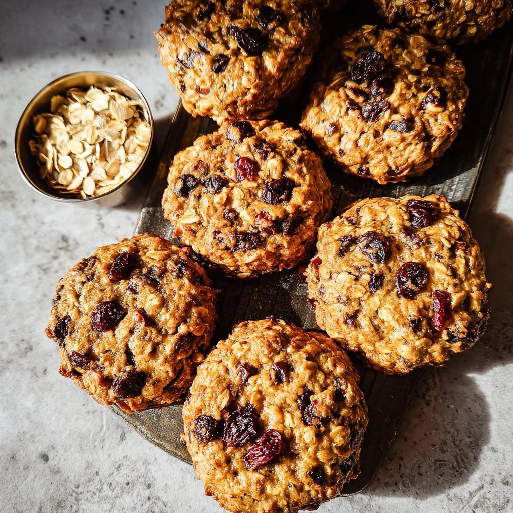 Several golden-brown oatmeal raisin muffins, perfect for quick breakfast ideas, displayed on a dark wooden board with a small bowl of oats.