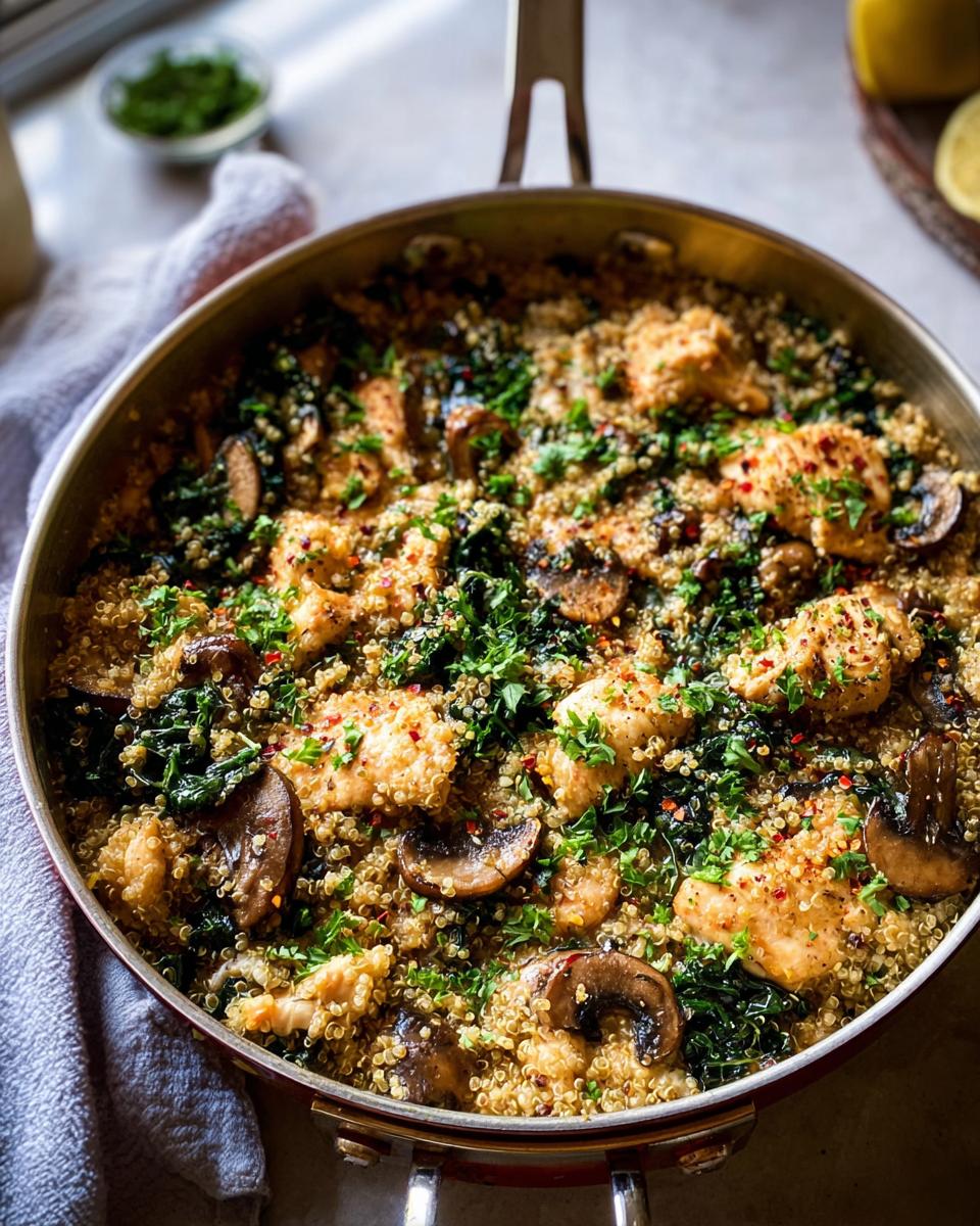 A delicious one-pan chicken and quinoa recipe with mushrooms and greens, perfect for beginners.