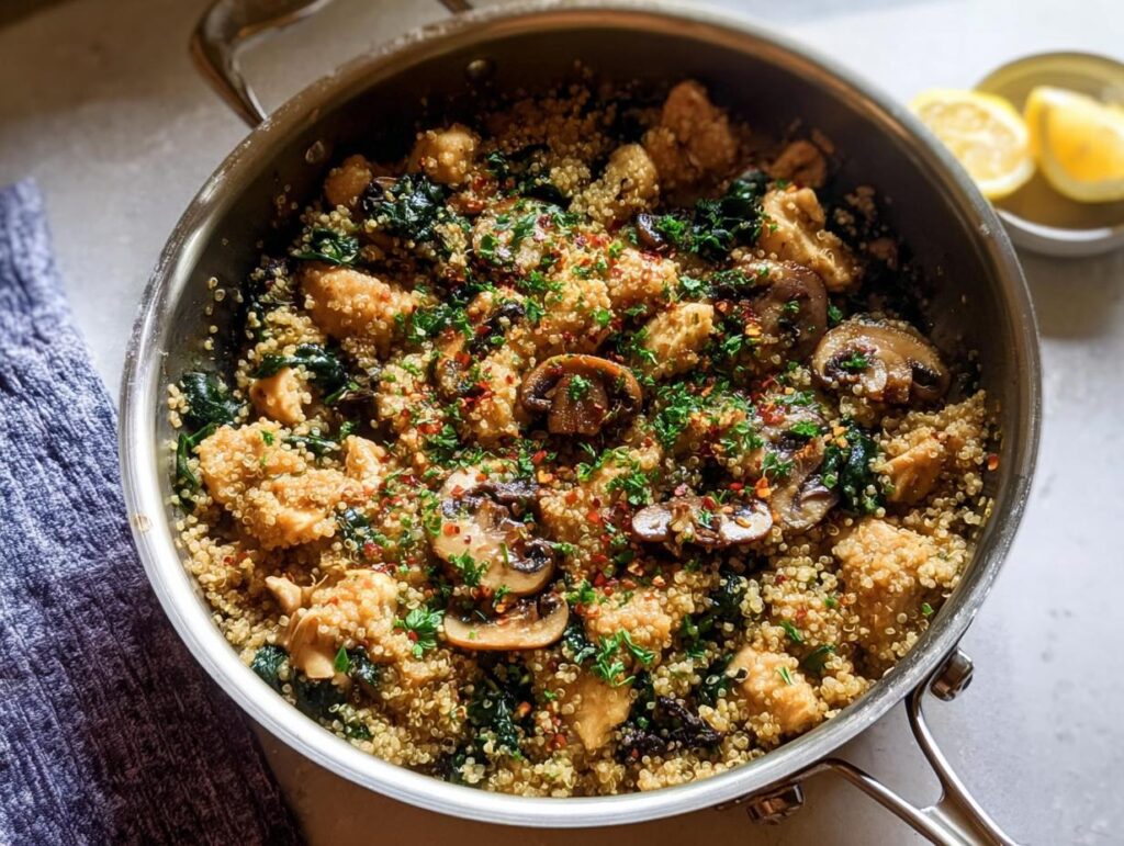 A delicious one-pan chicken and quinoa recipe with mushrooms, spinach, and herbs, perfect for beginners.