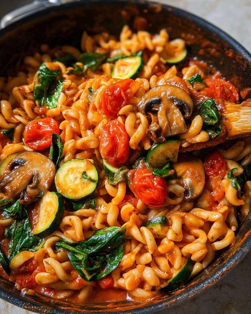 A close-up of a one-pot pasta dish with fusilli, cherry tomatoes, zucchini, mushrooms, and spinach.