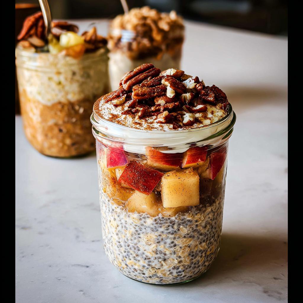 Close-up of a jar of overnight oats, layered with chia seeds, oats, apples, and topped with yogurt and pecans. A healthy meals recipe.