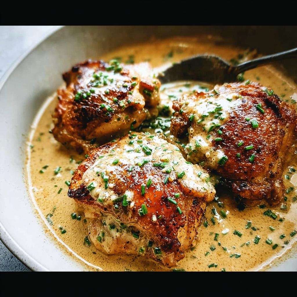 Three pan-seared chicken thighs in a creamy sauce, garnished with fresh chives. Part of The Ultimate Chicken Thigh Recipes Guide.